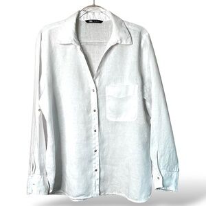 ZARA 100% Linen Button Front Oversized Relaxed Shirt Roll Tab Sleeves US Sz XXL